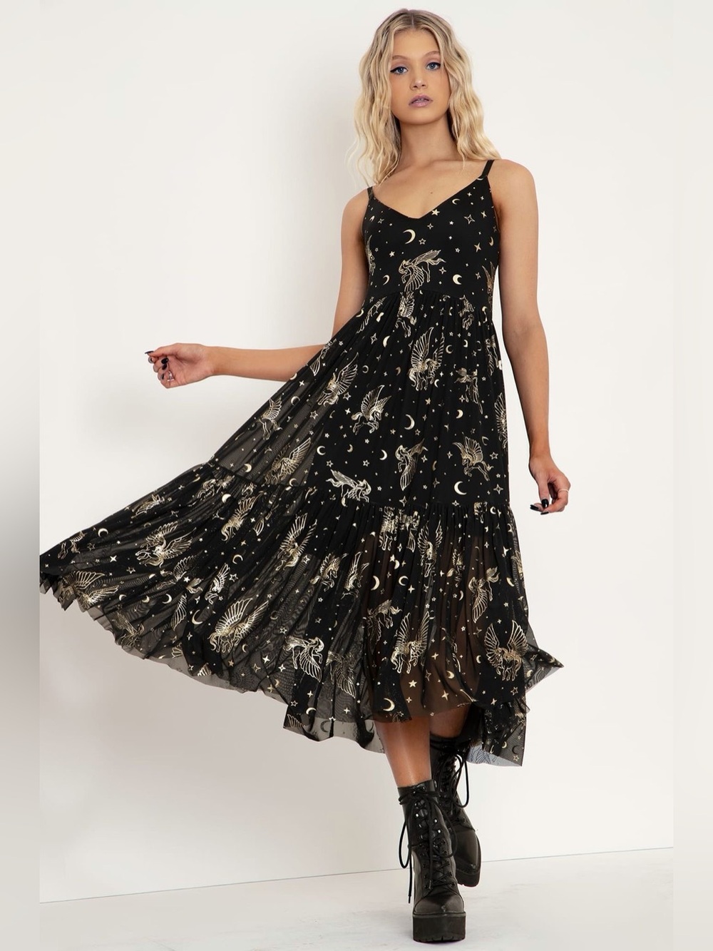 Black Gold Celestial Print Midi Dress - Women